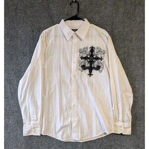XTREME EXPOSURE Mens White Gothic Cross Shirt L Embroidered Rhinestone Y2K MMA
